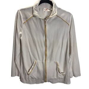 Quacker Factory Velour Zip Jacket White Gold Trim Rhinestone Womens Medium